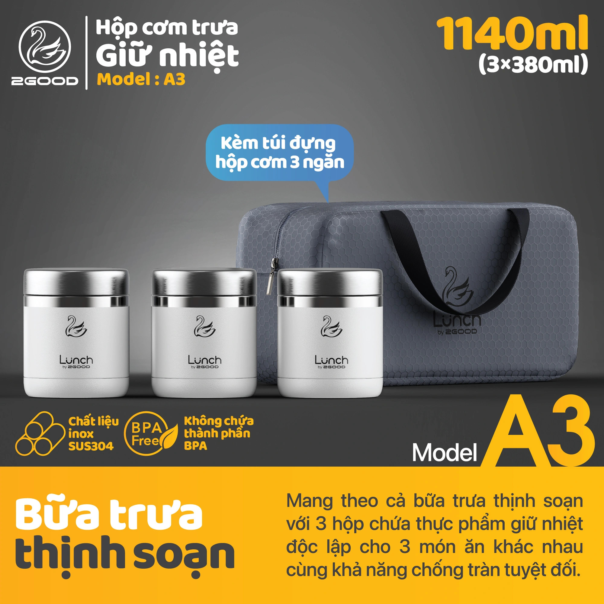 Bộ 3 hộp cơm trưa giữ nhiệt 2Good A3 - 1140ml - Tặng kèm muỗng nĩa