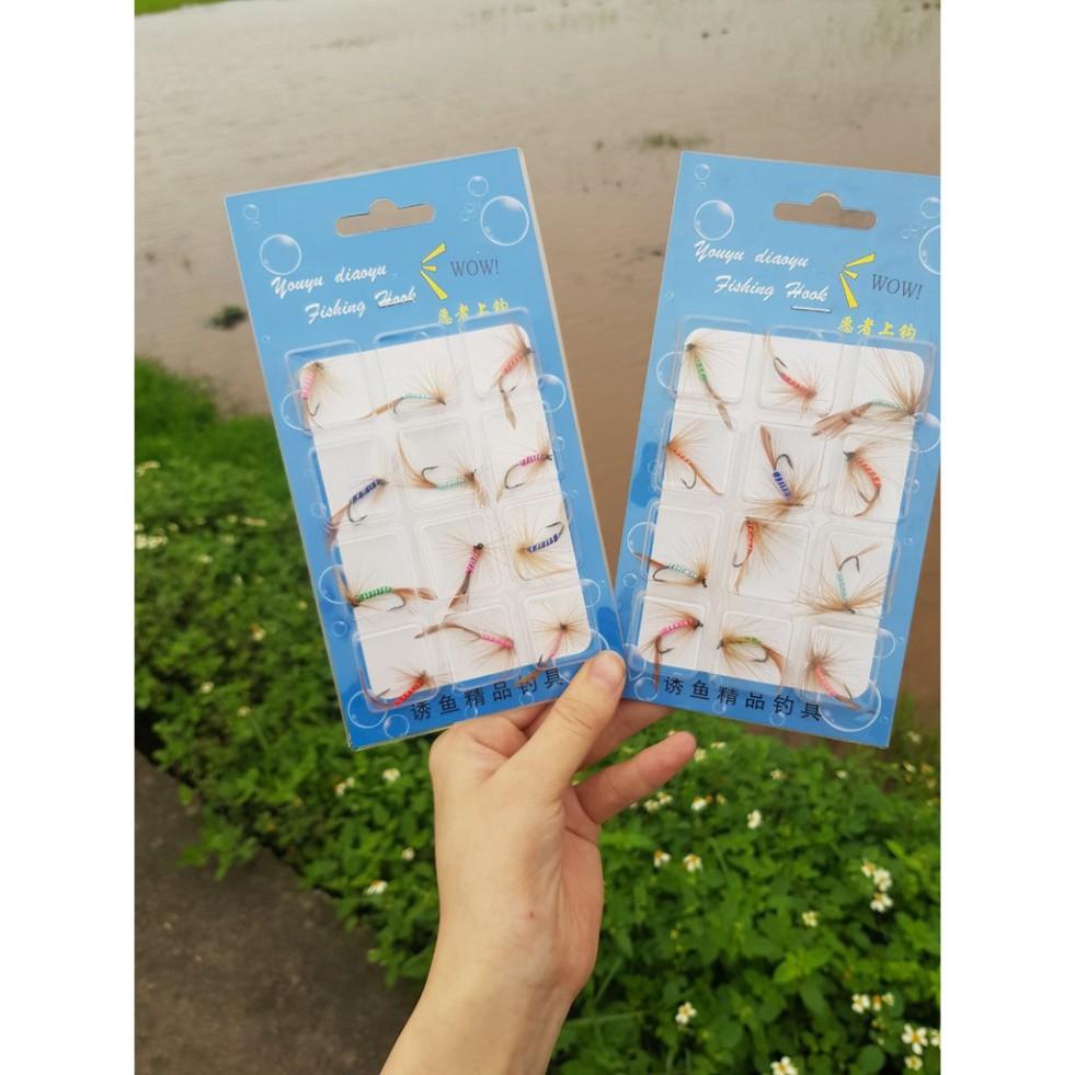 Combo 12 con mồi gắn lông vũ câu rô phi,câu mương,lóc,ngão,....