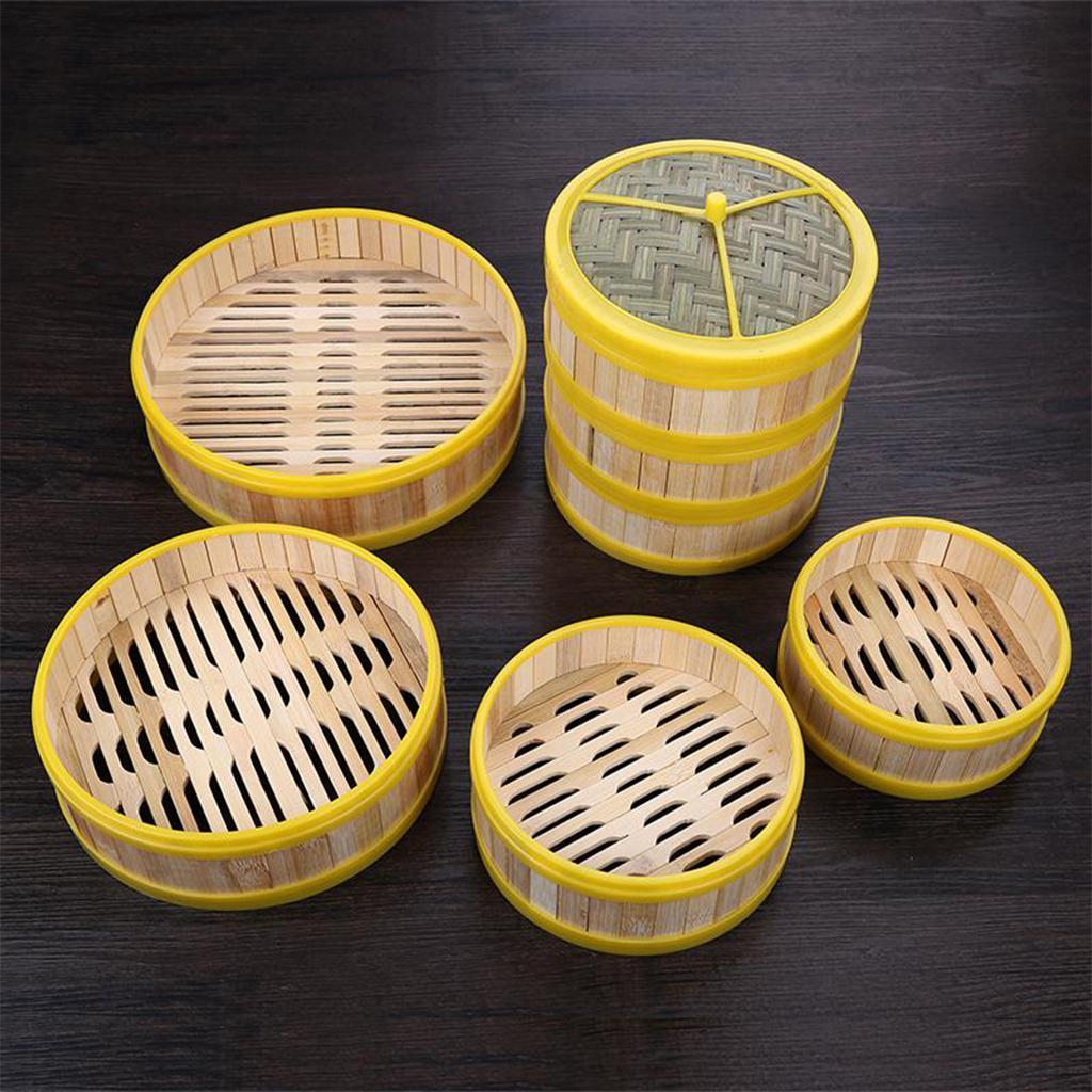 Plastic Edging Bamboo Steamer Basket for Dumpling Weaved with Lid Non-Stick