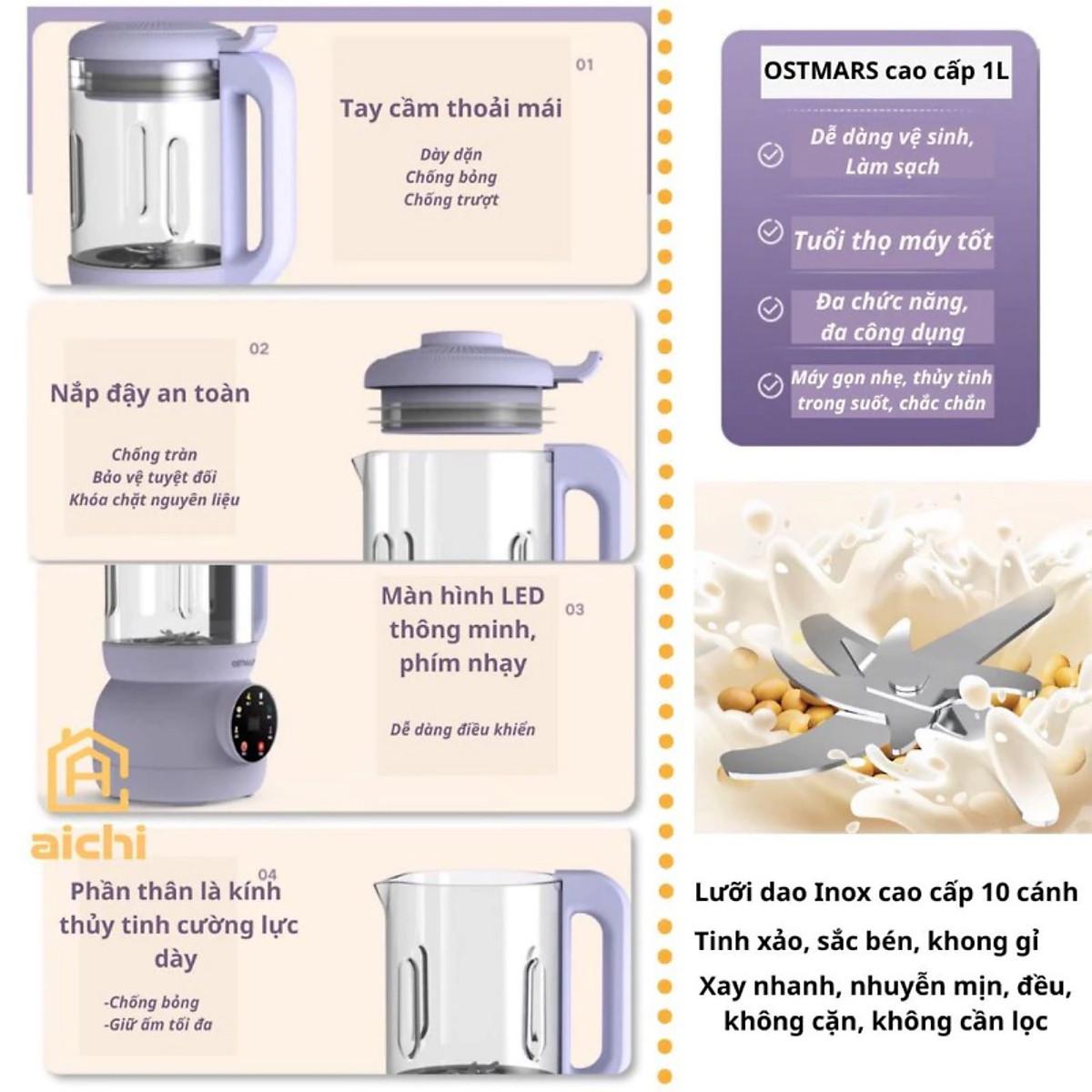 Máy Làm Sữa Hạt, Máy Nấu Sữa Hạt Cối Thủy Tinh 1100ml - 8 Chức Năng Xay Nấu Tiện Lợi - Hàng nhập khẩu