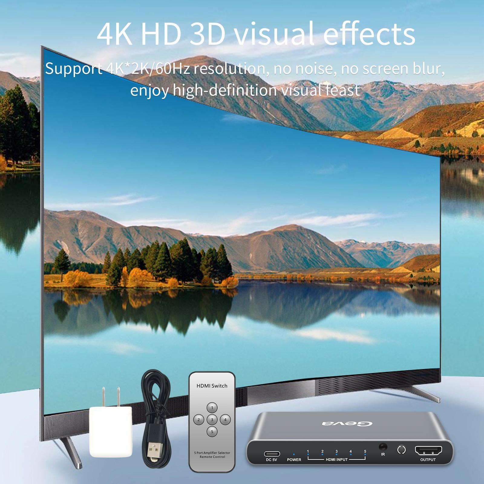5 in 1 Out 4K@60Hz HDMI2.0 Switcher Selector,with IR Wireless Remote,HDMI Audio Extractor,5 Port 5x1 HDMI Switcher Splitter Box for Computer