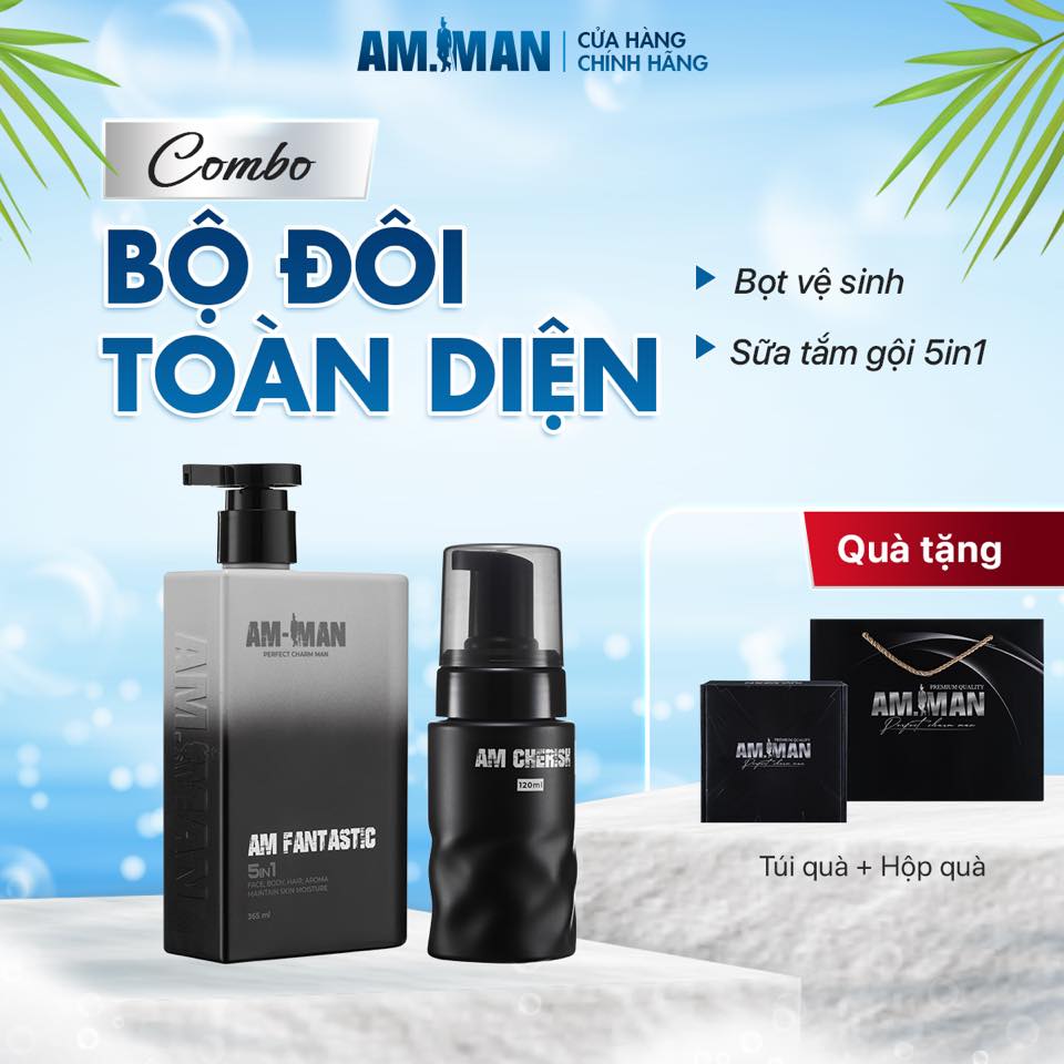 Combo Sữa tắm gội AM FANTASTIC 5 in 1 365ml &amp; Bọt vệ sinh AM CHERISH 120ml AM-MAN kèm hộp túi làm quà tặng, bộ đôi toàn diện