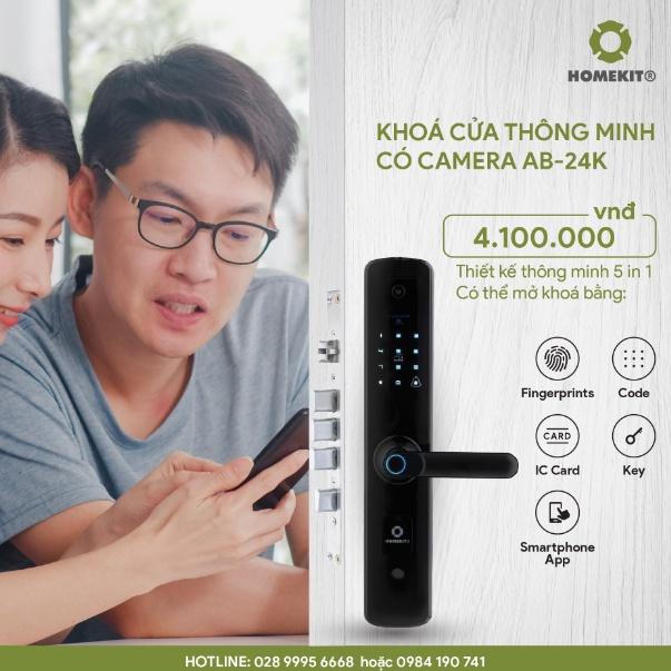 Khóa cửa vân tay điện tử thông minh HOMEKIT AB-24K 7 tính năng tích hợp camera - kết nối App điện thoại Tuya Smart