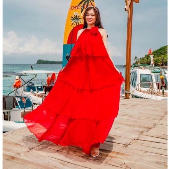 Đầm váy maxi voan chiffon lót 2 lớp mút ngực trắng tầng yếm hoa cổ vàng đi biển dự tiệc dạo phố bigsize gợi cảm sexy