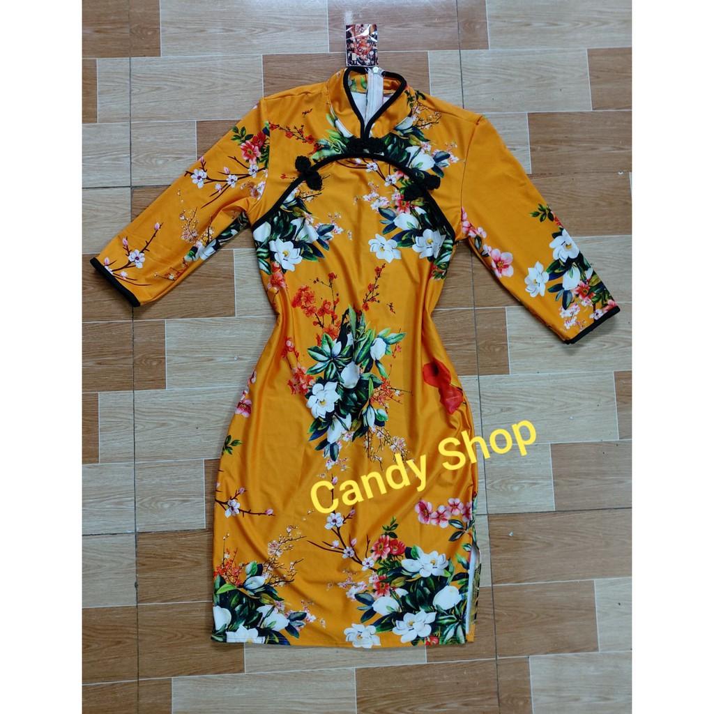 Đầm body cổ tàu tay lỡ hoạ tiết siêu xinh
