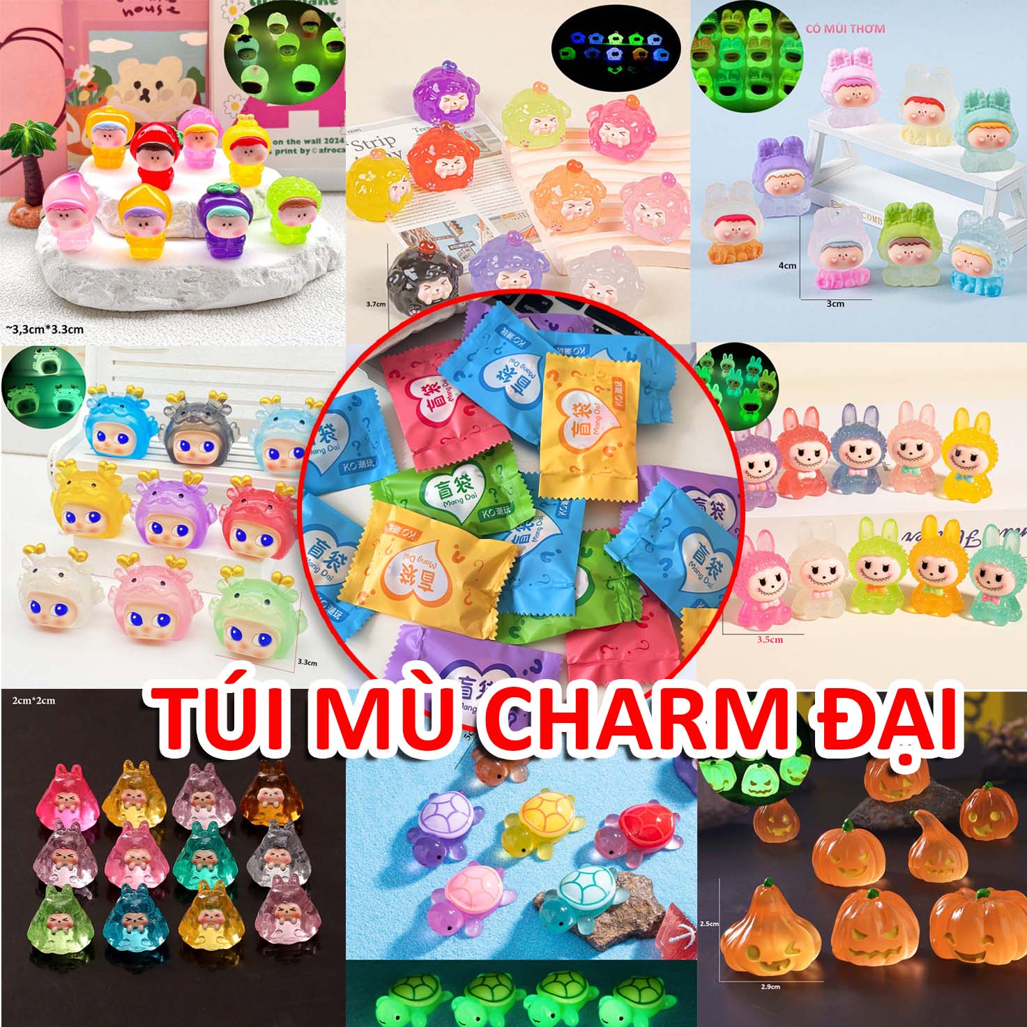 [CHARM LỚN] Set 10 Túi Mù phát sáng tổng hợp, túi mù nhân phẩm, Blind box charm phát sáng nguyên con decor trang trí trưng bày