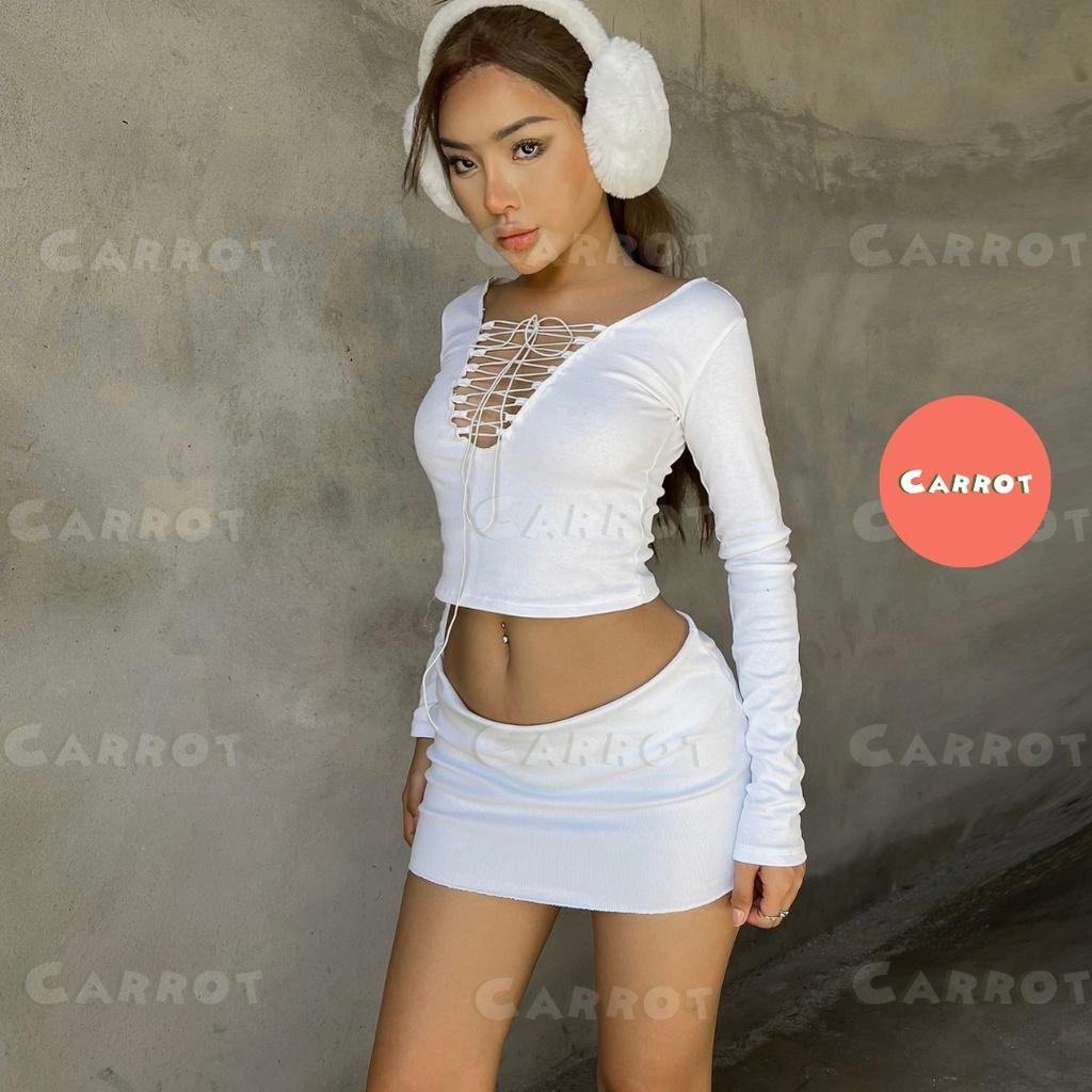 Set áo croptop tay dài chân váy ngắn ôm body tôn dáng chất thun cao cấp carrotxinhdep đi chơi đi du lịch hình thật