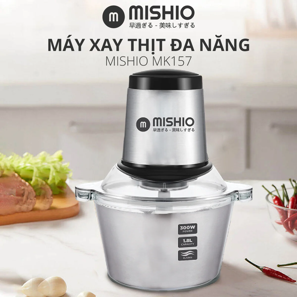 Máy xay thịt cối inox 304 1.8L Mishio MK157 motor đồng nguyên chất 300w bảo hành 18 tháng