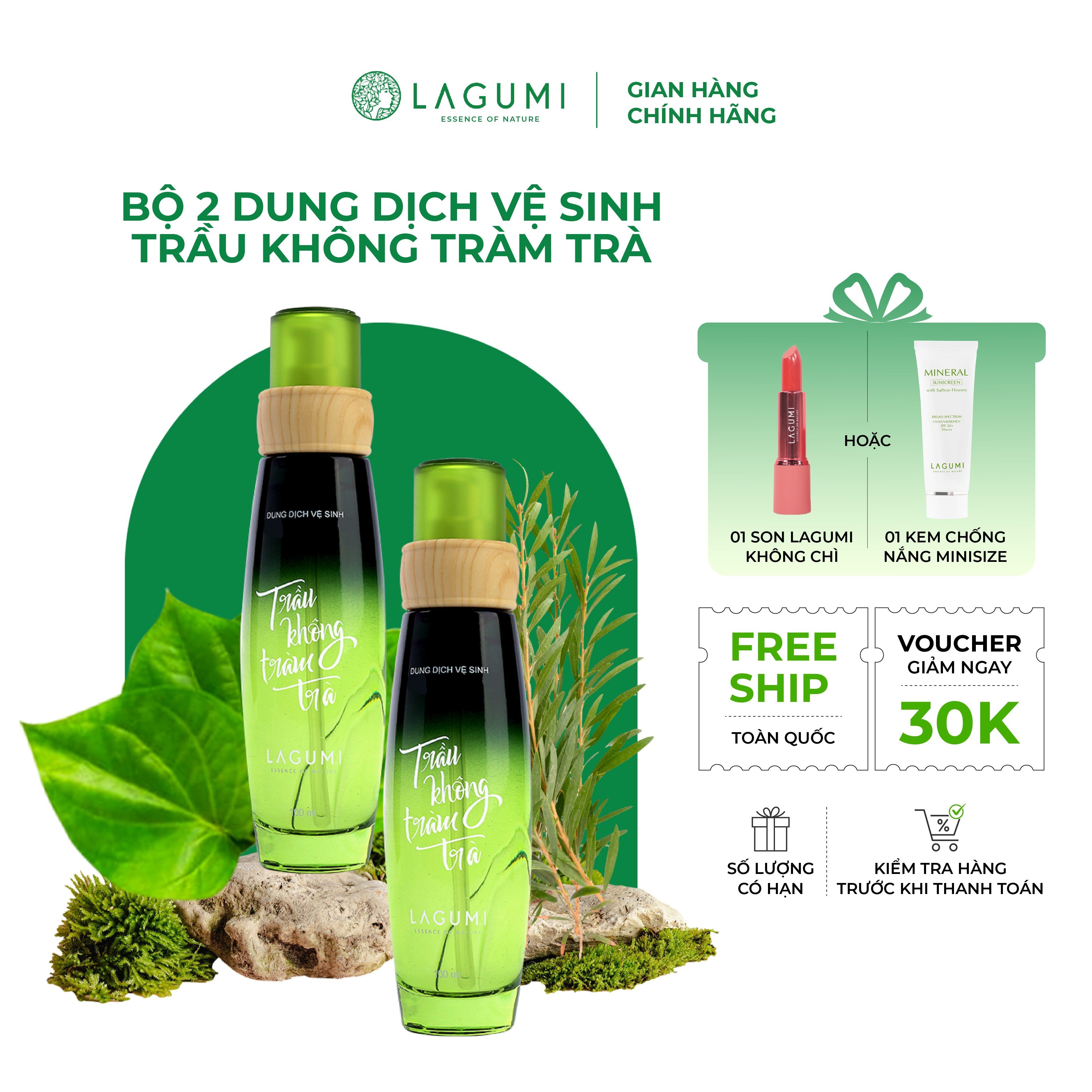 Set 2 chai Dung dịch vệ sinh phụ nữ Lagumi trầu không tràm trà 100ml