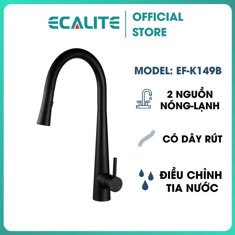 Vòi Rửa Chén Nóng Lạnh Pull-down Ecalite EF-K149B - Có Dây Rút - Điều Chỉnh Tia Nước - Đồng Thau Sơn Đen - Hàng Chính Hãng