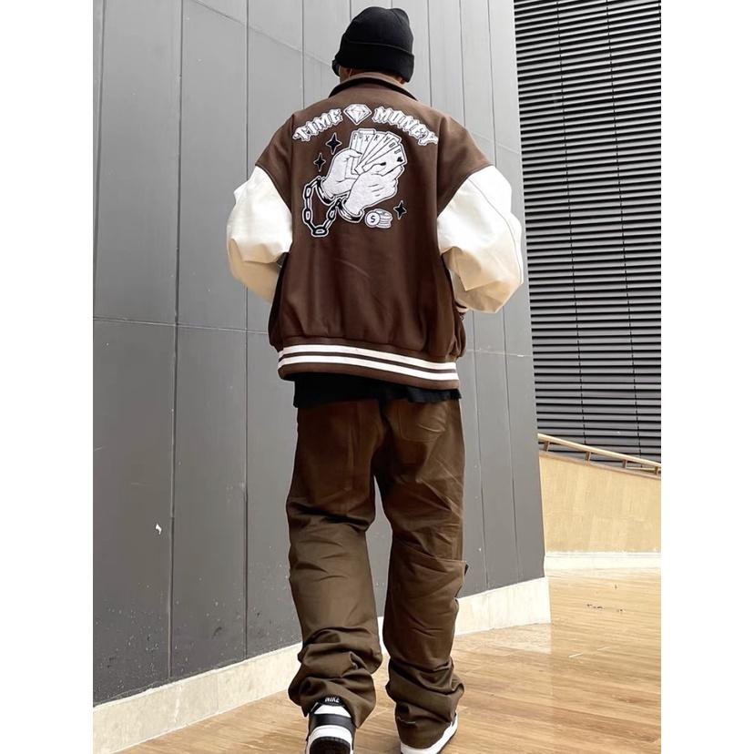 Áo Khoác Bomber Nam Nữ Cổ Bẻ Kiểu Nút Bấm TIME MONEY Hình In Sắc Nét Phong Cách HipHop Hot trend Mới
