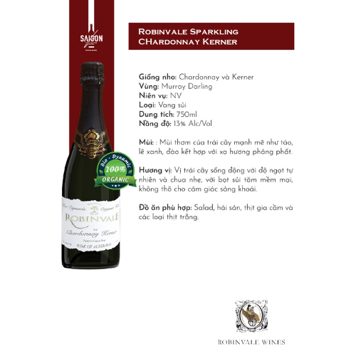 Vang sủi Robinvale Sparkling Chardonnay Kerner 750ml 13% Alc
