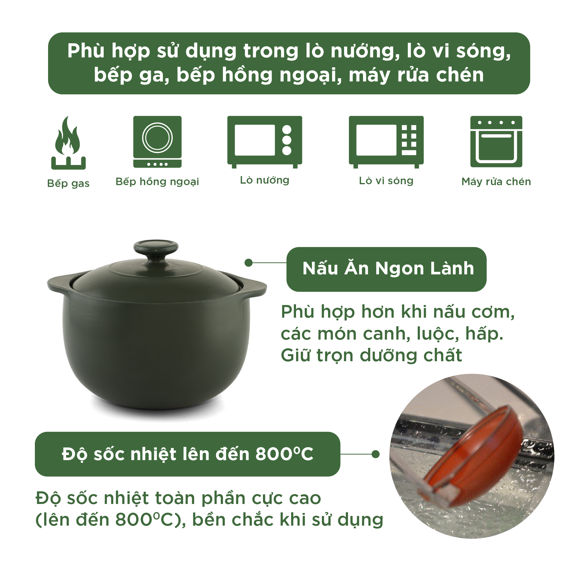 Nồi Sứ Dưỡng Sinh Minh Long Healthy Cook Vesta 0.85 L - Dùng Cho Bếp Gas, Bếp Hồng Ngoại