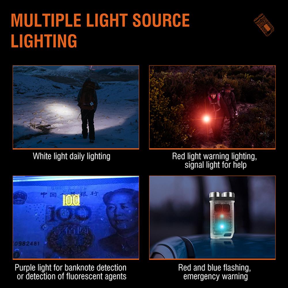 V3 Mini Flashlight LED Keychain Flashlight Rechargeable Pocket Light Waterproof with 5-Level Brightness 4-Color Light Source for Camping Hiking Emergency Use