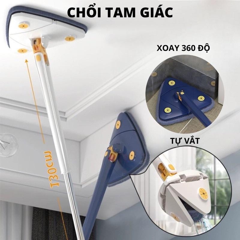 Chổi lau nhà tam giác KÈM MIẾNG LAU siêu thấm mẫu mới - Cây lau nhà tự vắt xoay 360 độ đa năng lau sàn trần nhà lau kính