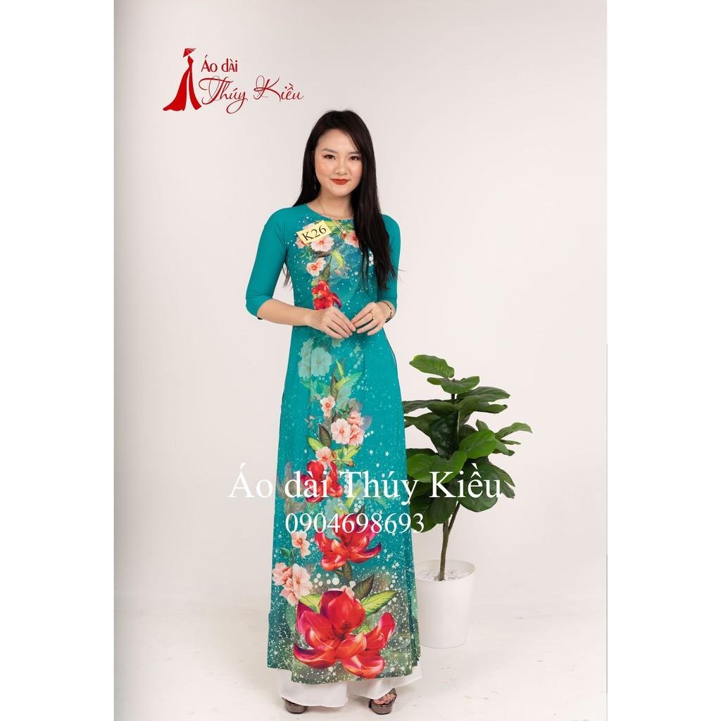 Áo dài in 3D lụa Nhật xanh ngọc hoa đỏ