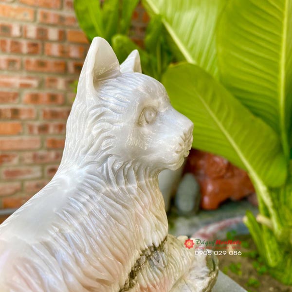 Tượng mèo đá 12 con giáp phong thủy đá hồng vân dây 19cm - đá Non Nước