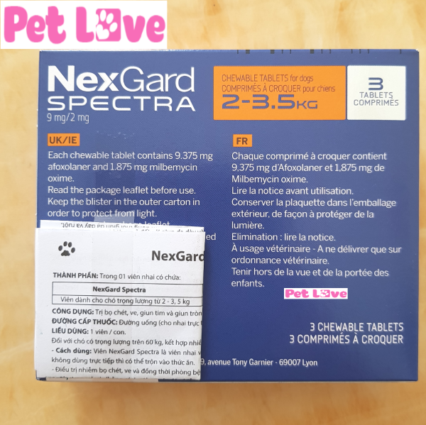 1 hộp (3 viên) NexGard Spectra trị giun, ghẻ, viêm da, ve rận (chó 2 - 3,5kg)