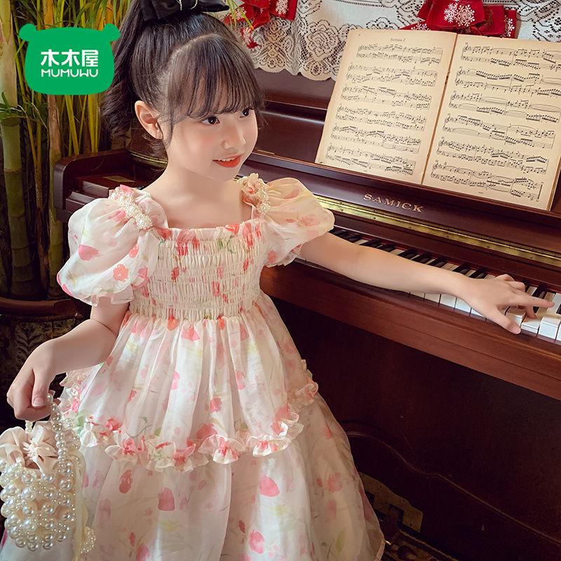 DONGSHOP Váy cho bé gái 2023 phong cách phương Tây cô gái nhỏ mảnh hoa lưới váy Hàn Quốc mùa hè bé công chúa váy ẩm ướt