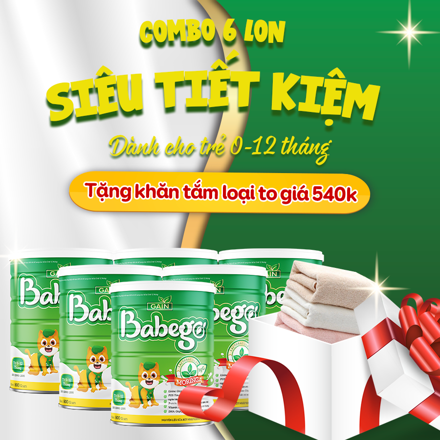 (TẶNG 1  800GR) Combo 6 lon sữa mát tăng cân, cải thiện biếng ăn, táo bón Babego 0-12 tháng siêu tiết kiệm tặng khăn tắm loại to trị giá 540.000Đ