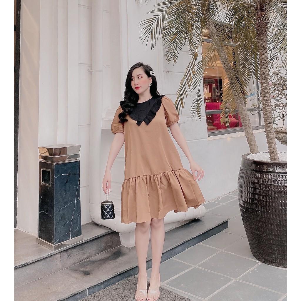 Váy suông đuôi cá cổ bèo phối màu, đầm xuông rộng freesize tay bo phồng, 3 màu mã V209 - Michi's House