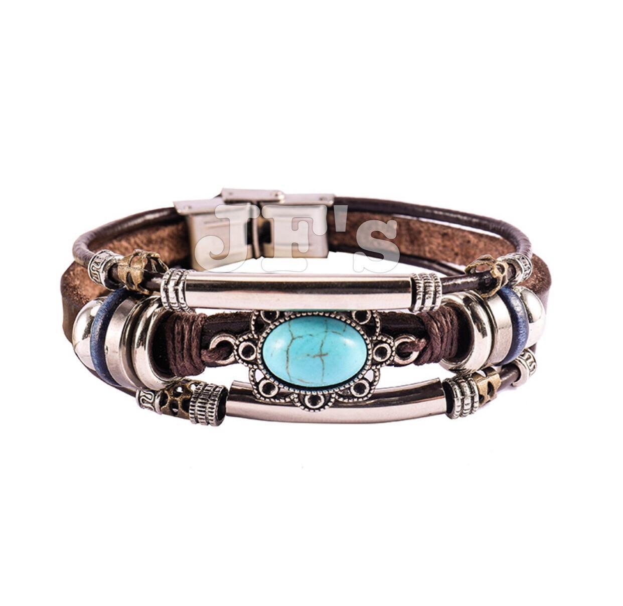 Vòng tay da khoá thép ko gỉ, vòng tay phong cách bohemian unisex