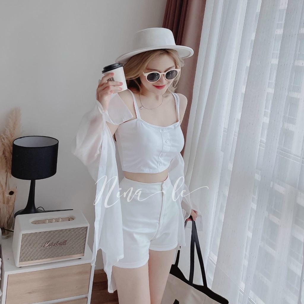 Set 3 món trắng áo crop 2 dây kèm khoác sơ mi tay dài phối quần đùi short mâu nina lê cá tính thể thao