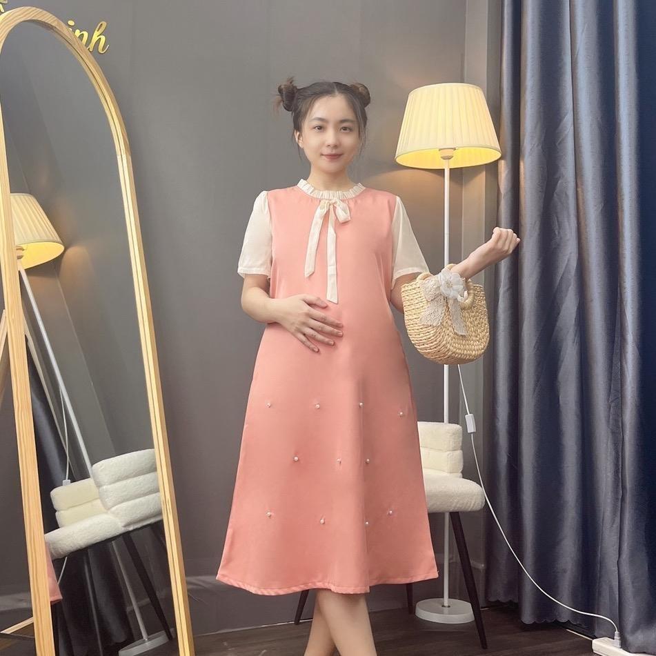 Đầm bầu cổ bèo thắt nơ đính hạt phom suông dễ thương gon dáng, mặc đi làm đi chơi - Đen