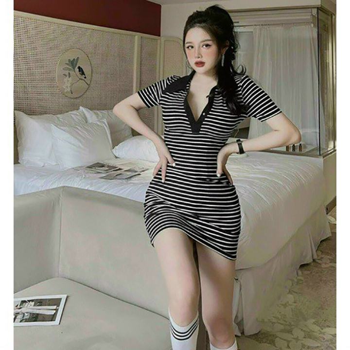 Váy body kẻ sọc cổ bẻ chất thun cotton thời trang XIXO cao cấp