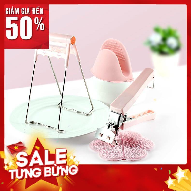 Dụng cụ kẹp gắp đồ nóng thức ăn đa năng inox chống phỏng kèm bộ găng tay, miếng lót nồi silicon