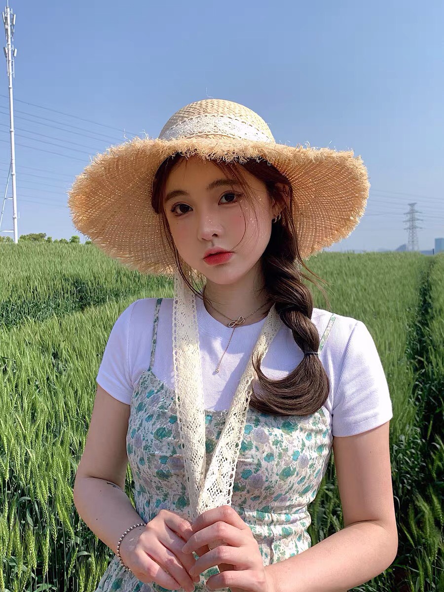 Nón cói rơm dây nơ ren vành xước vintage