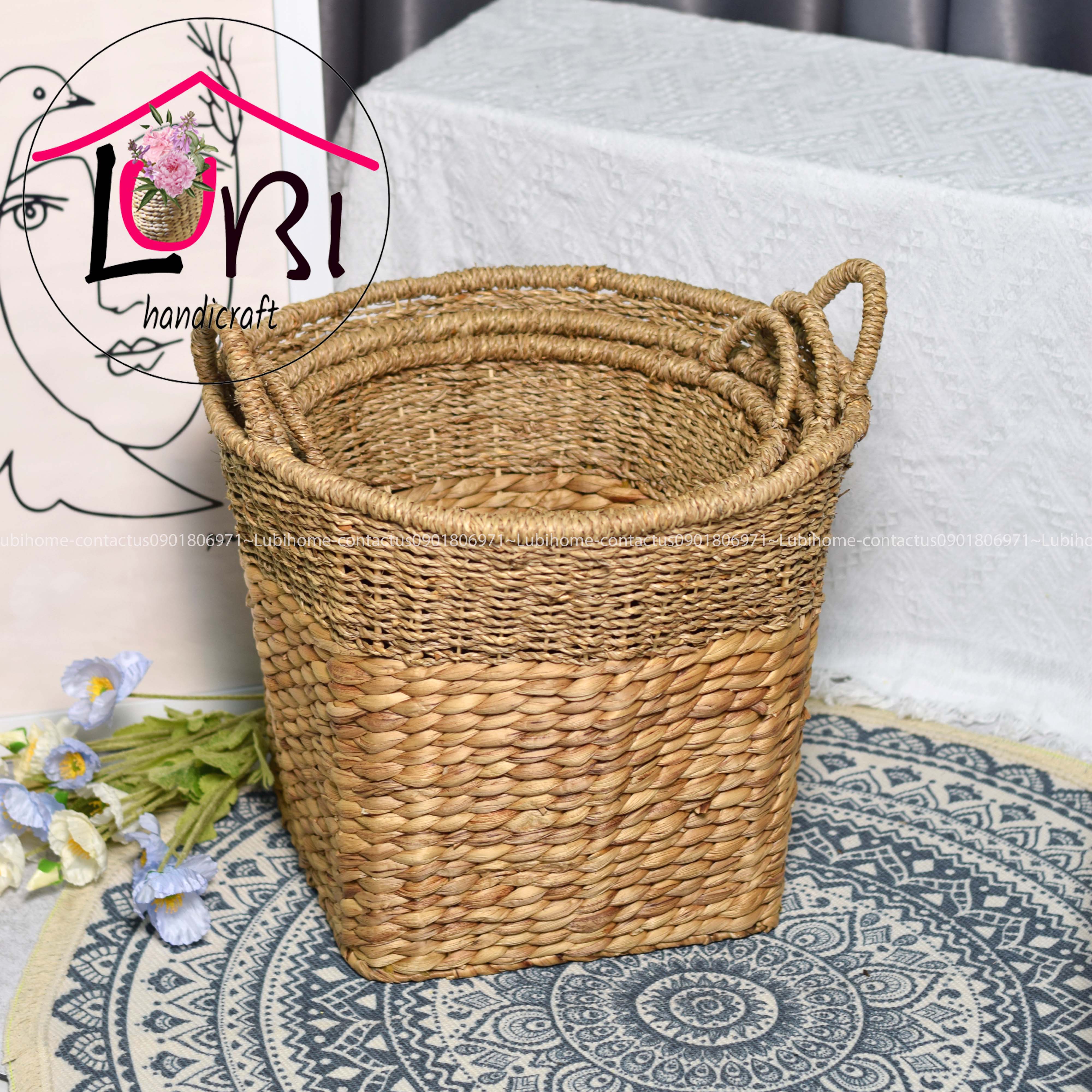 Lubihandicraft - Sọt đựng đồ lục bình kêt hợp cói miệng tròn đáy vuông - xinh xắn