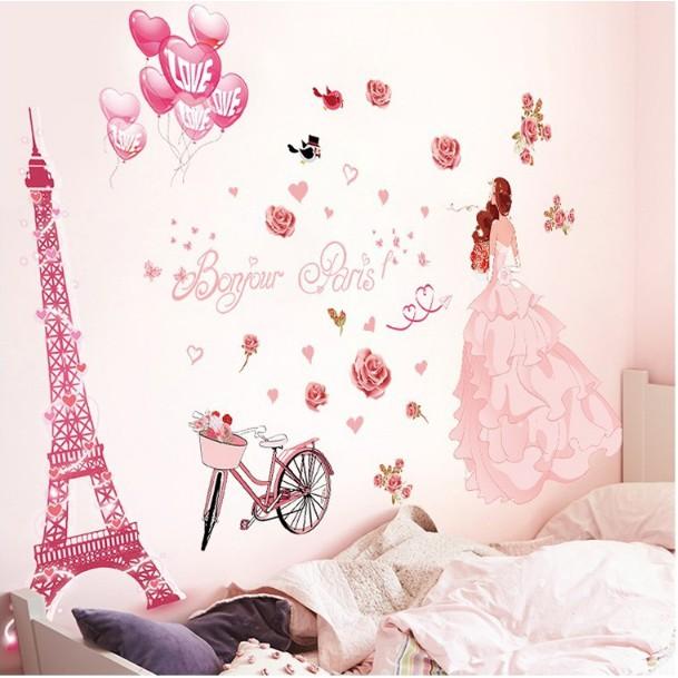 Decal trang trí tường - Sự Lãng Mạn của Tháp hồng và Phía sau Cô Gái
