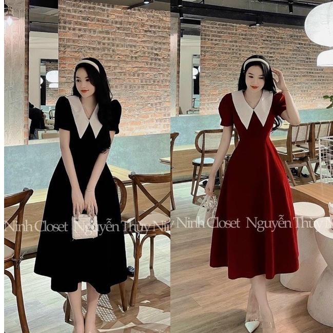 FREESHIP Đầm xòe tay ngắn cổ thủy thủ cách điệu màu đỏ đen kiểu đầm dự tiệc, đi chơi chất liệu nhung cứng KIMGIA DS