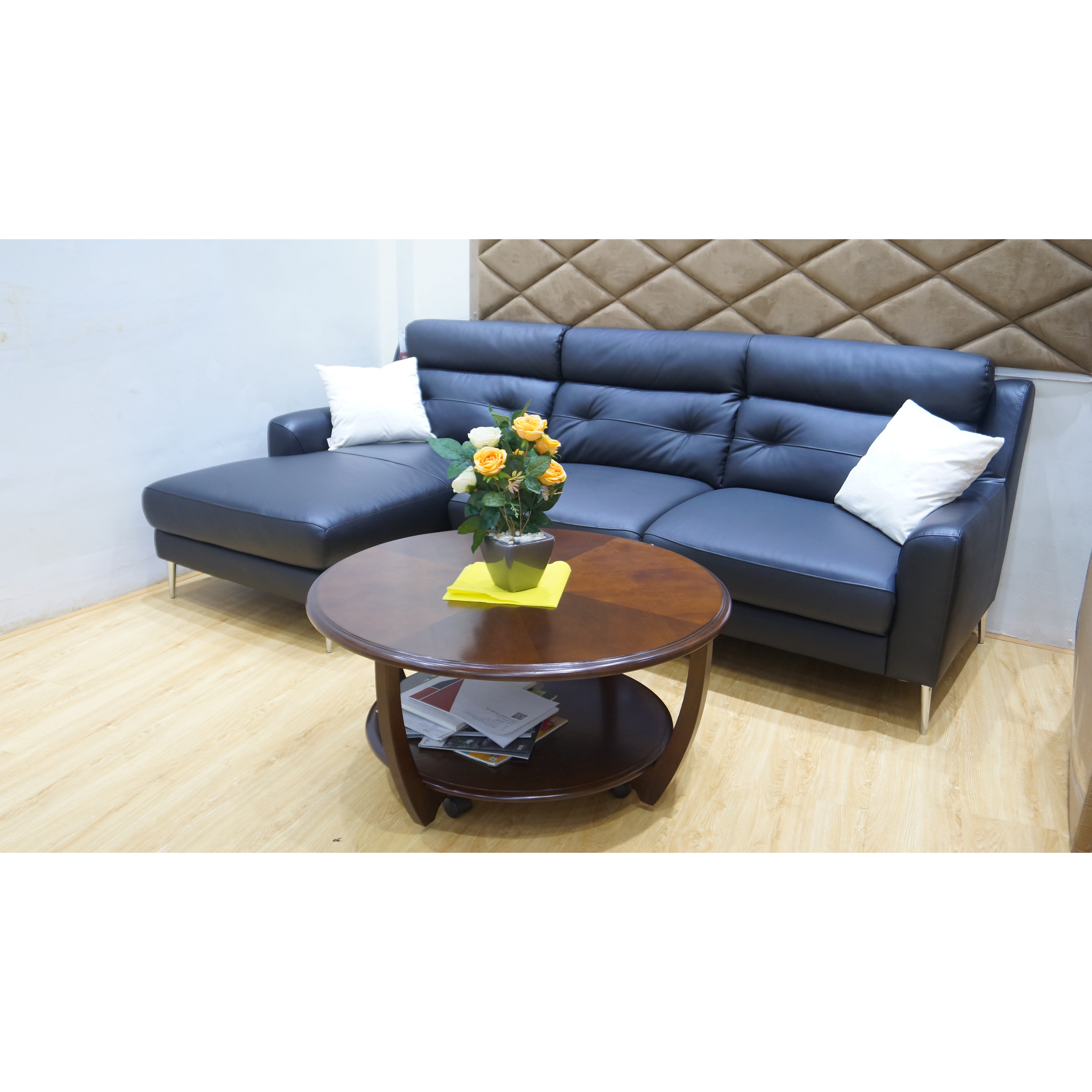 Sofa Góc Da Bò Thật Cao Cấp Màu Đen - SG3905