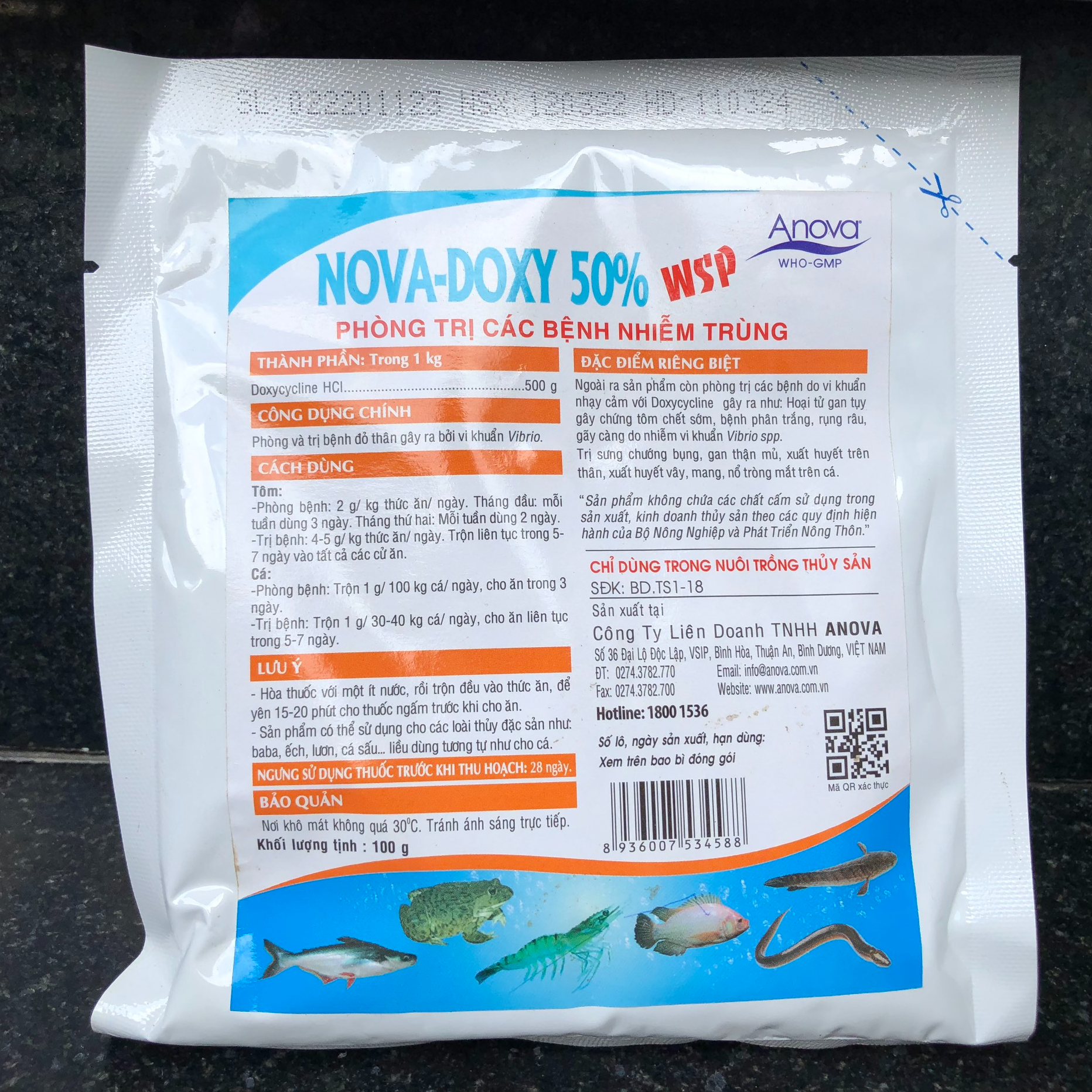 Nova Doxy 50% WSP trị xuất huyết vây, mang, chướng bụng, gan thận mủ, nổ tròng mắt trên cá, bệnh phân trắng trên tôm