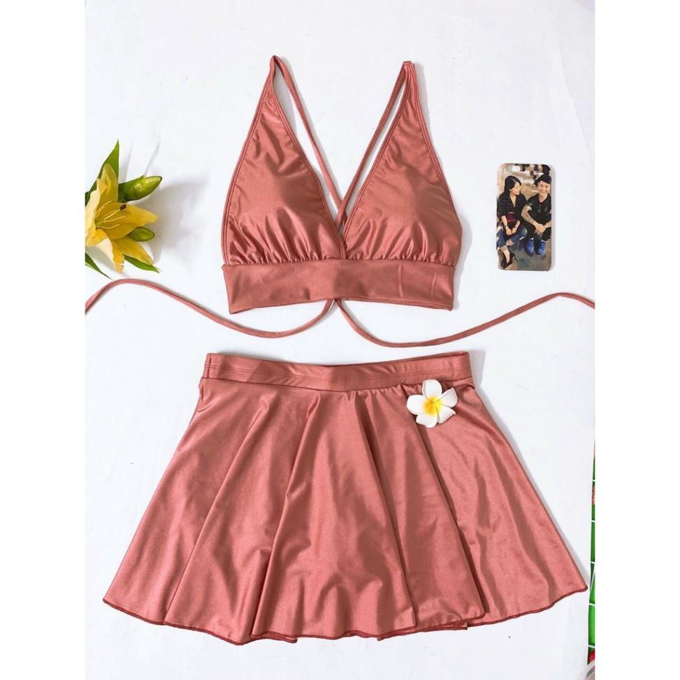 freeship Bikini hai mảnh hồng ruốt dáng váy nữ tính mặc đi biển đi bơi đẹp ( Hàng loại 1)
