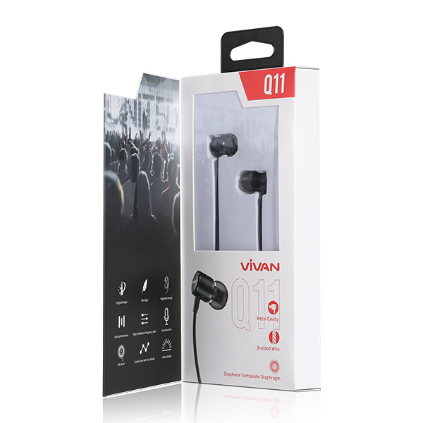 Tai nghe nhét tai có dây Jack cắm 3.5mm Vivan Có Mic/Microphone | Cho iOS/Apple (iPhone/iPad), Android (Samsung, Sony, Xiaomi, Huawei, Oppo) Màu Đen/Xám - Q11 -  Hàng Chính Hãng