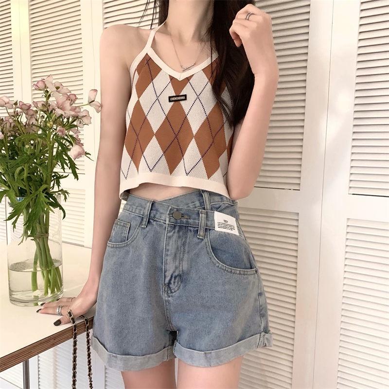 Áo yếm caro croptop dệt kim len nữ kiểu buộc dây cô tim dáng ngắn thiết kế Quảng Châu cao cấp trẻ trung cá tính