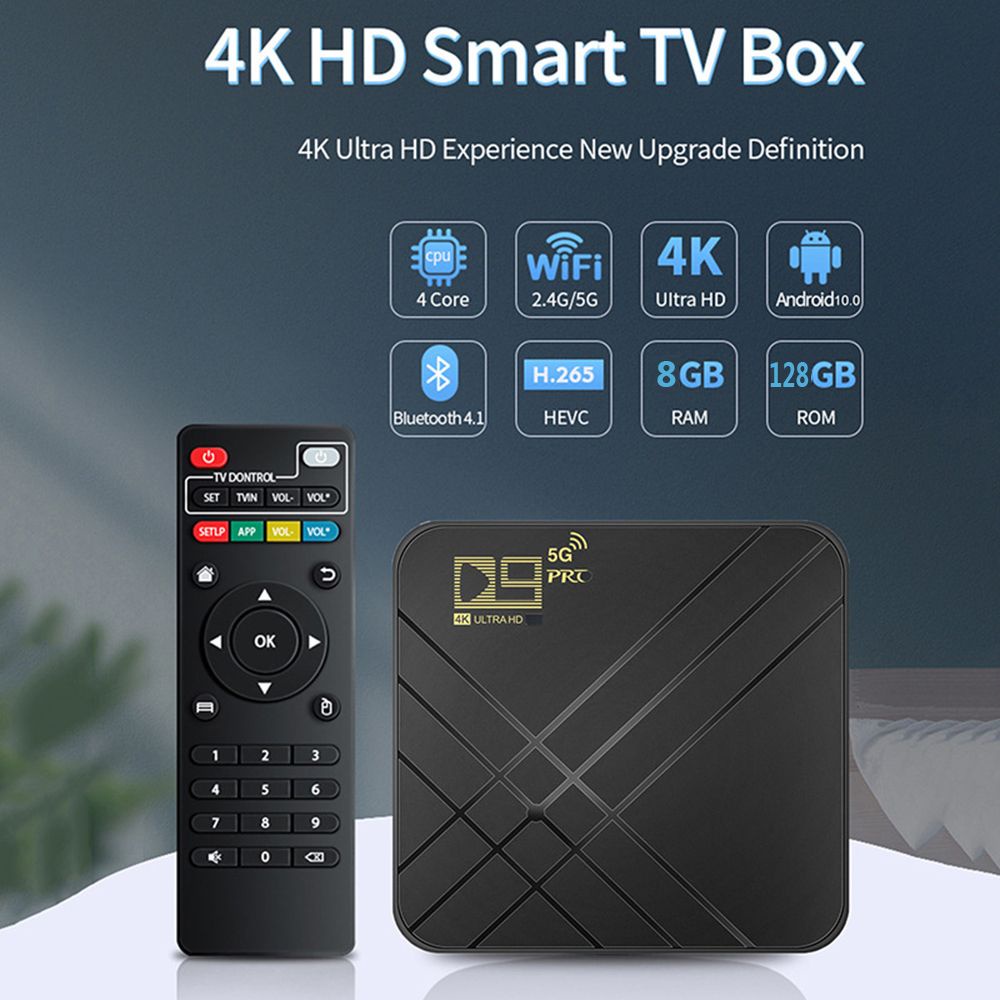 Đầu Box D9 Pro UHD 4K 8GB+128GB Amlogic S905L2, hỗ trợ HDR, kết nối bluetooth 4.1, Wifi băng tần kép 2.4G/5.8G