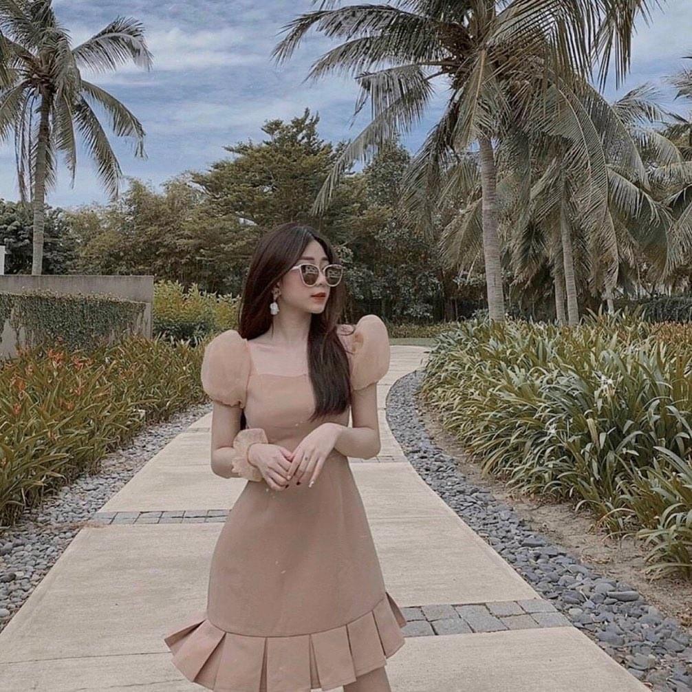 Đầm nude phối tay kiếngđi chơi đi tiệc đám cưới, du lịch sang chảnh cao cấp PVC