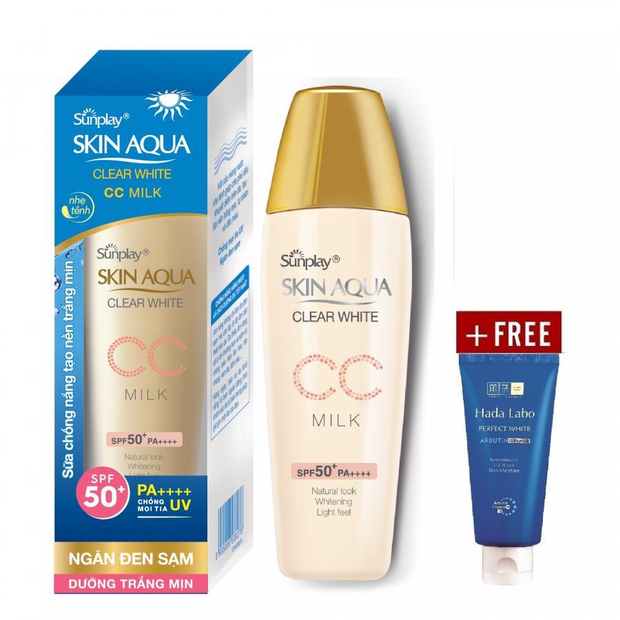 Sữa Chống Nắng Tạo Nền Sunplay Skin Aqua Clear White CC Milk SPF50+, PA++++ (25g) + Tặng Kem rửa mặt Hada Labo 25g