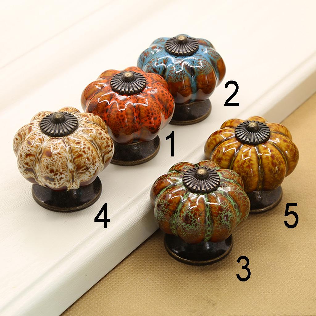 2x Round Pumpkin Shape Ceramic Cabinet Handles Orange
