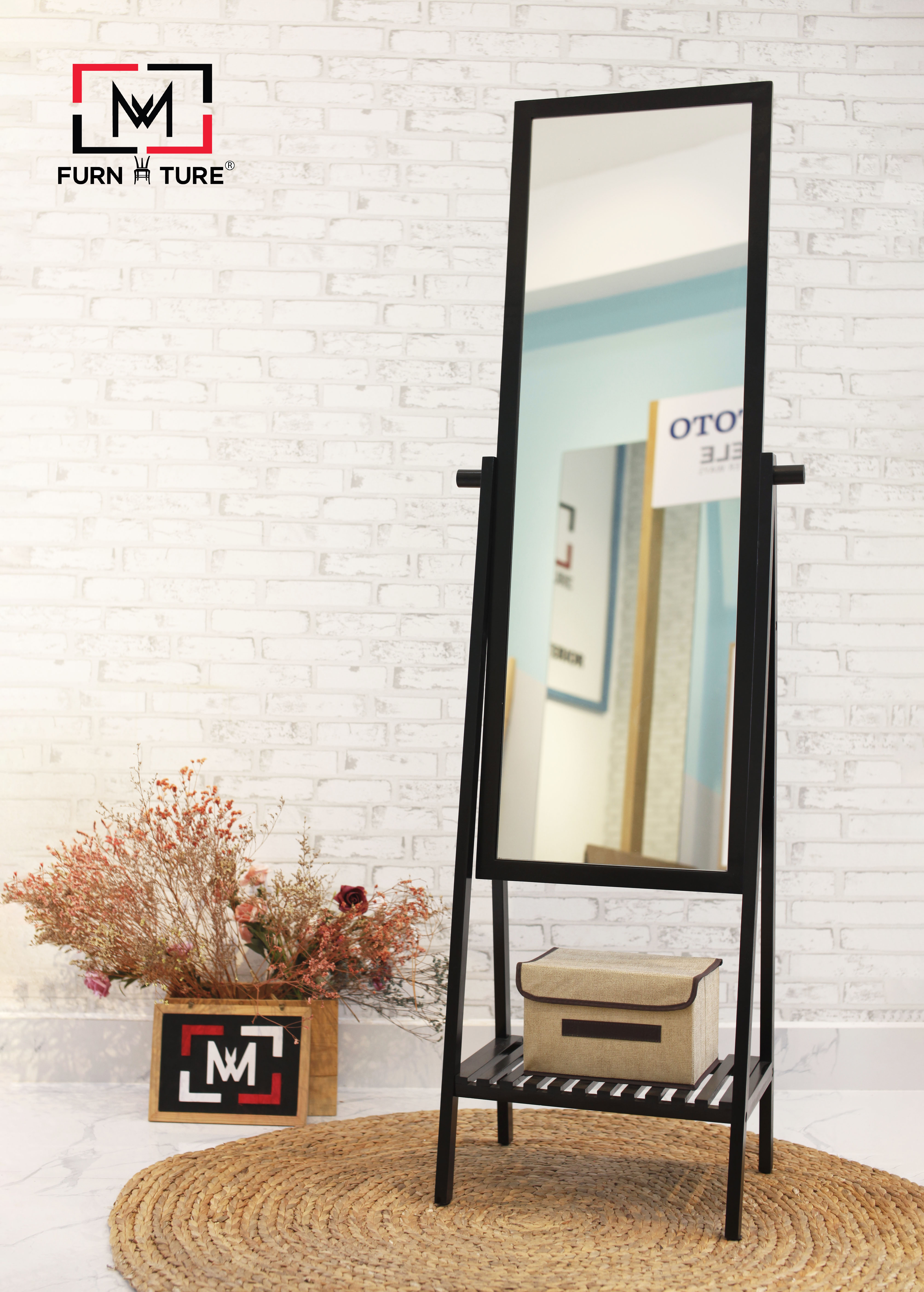 GƯƠNG KỆ ĐỨNG HÀN QUỐC LẮP RÁP MÀU ĐEN - A MIRROR SHELF BLACK