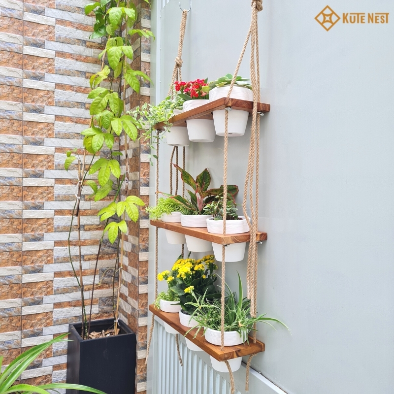 [Kute Nest] Kệ gỗ treo 3 tầng 9 chậu gốm trồng cây trang trí nhà cửa - Có 2 màu lựa chọn - Màu trắng