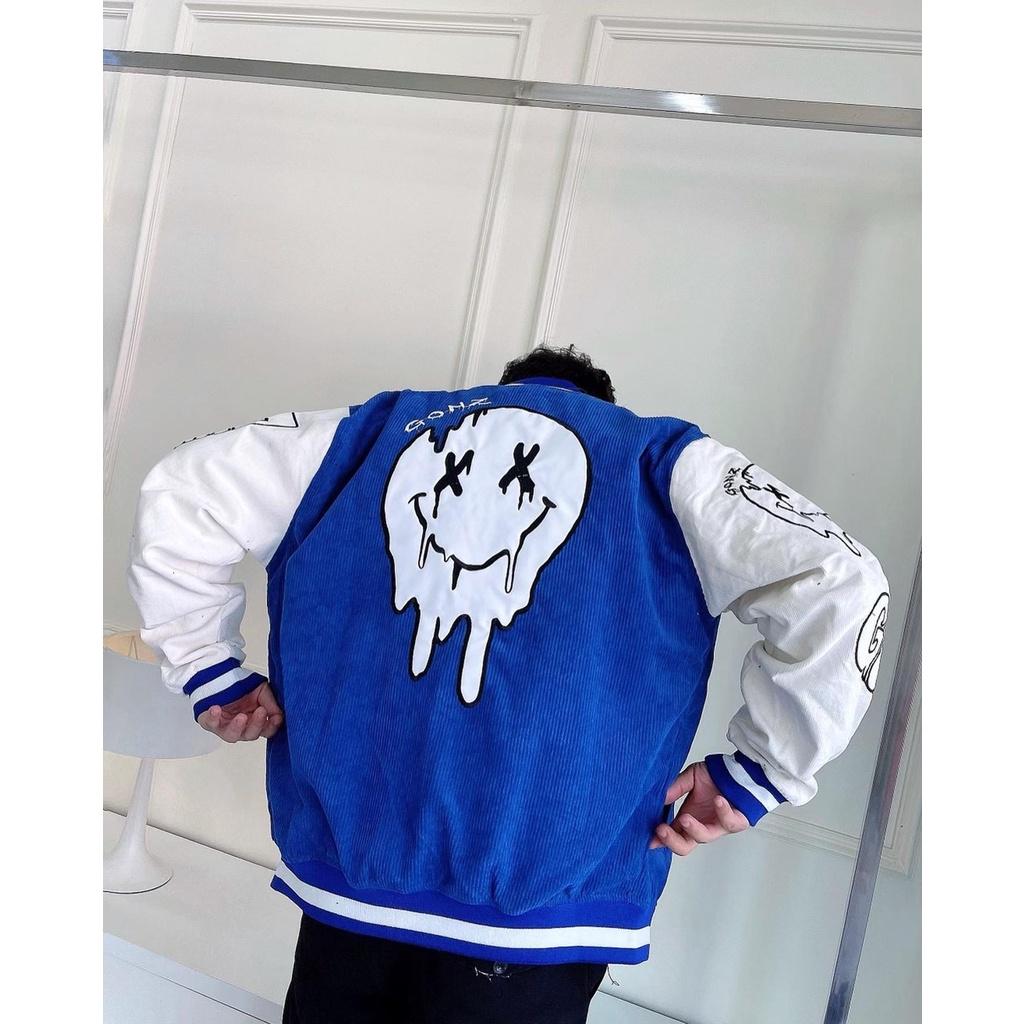 Áo Khóac Nhung Tăm Jacket Varsity FunFace Blue V13