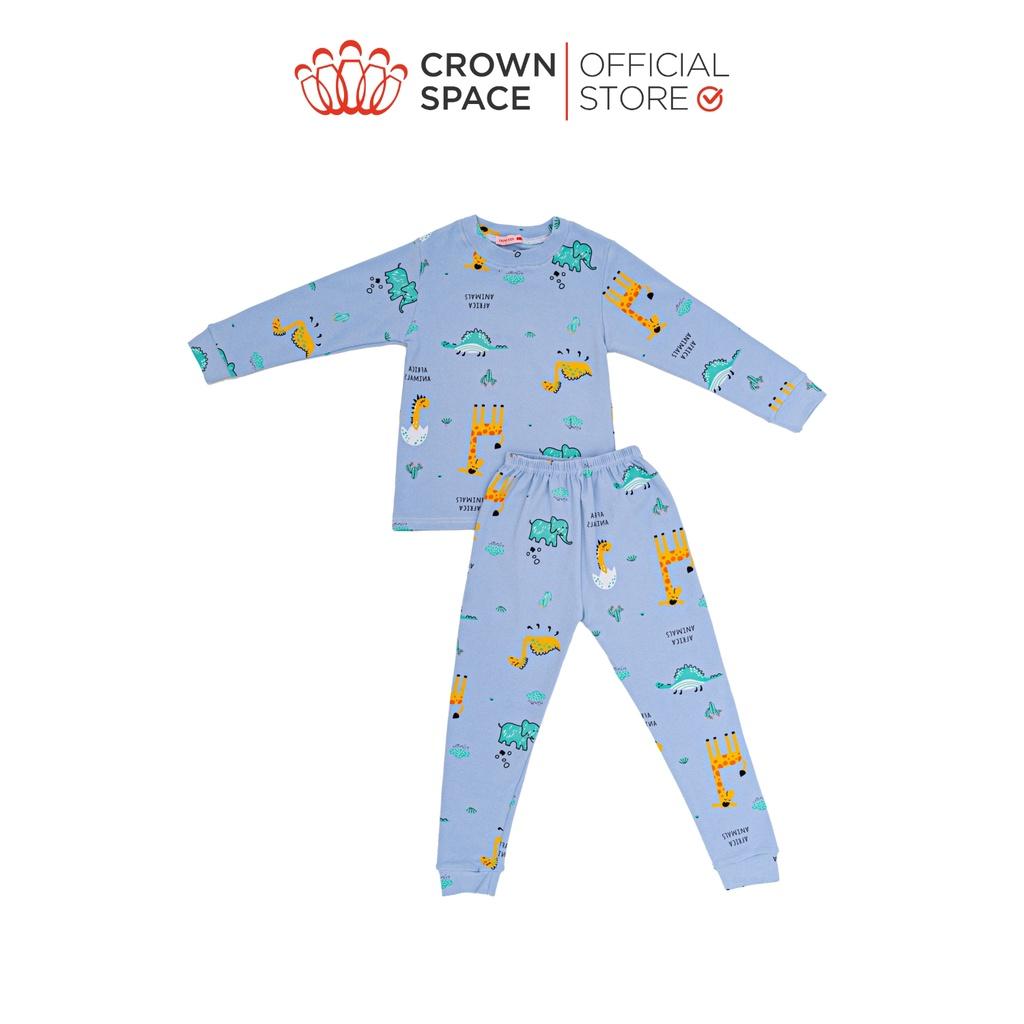 Bộ Mặc Nhà Dài Tay Bé Trai Crown Space Cao Cấp Xanh Pastel - Cotton Thoáng Mát Hình Khủng Long CKBL5911709 Size 19-27Kg