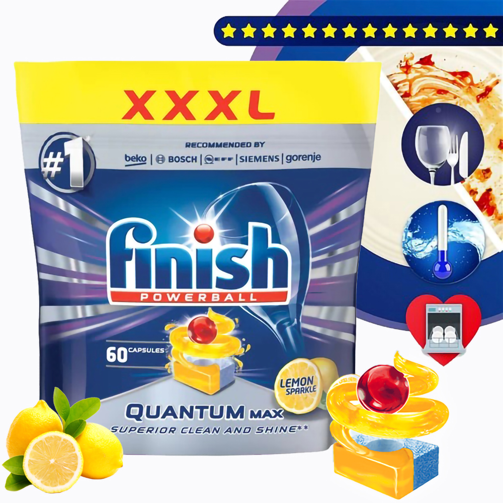 Túi 60 viên rửa bát Finish Quantum Dishwasher Tablets Lemon Sparkle QT025460 - hương chanh