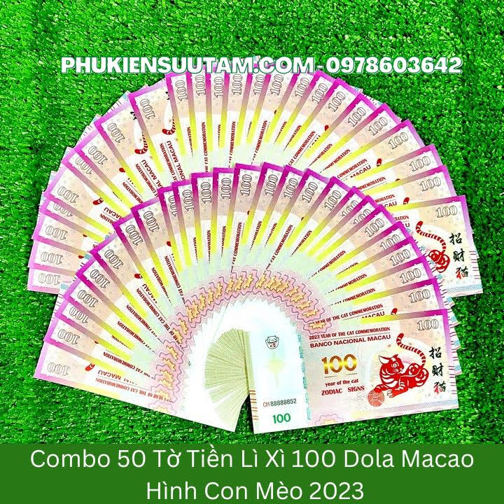 Combo 100 Tờ Lì Xì 100Dollar Macao Hình Con Mèo 2023, kích thước: 15.5cmx7.5cm, màu trắng - SP0054AB