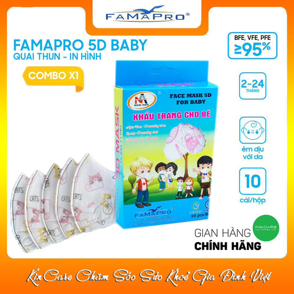 - Khẩu trang y tế trẻ em kháng khuẩn 3 lớp Famapro 5D Baby - 1 HỘP